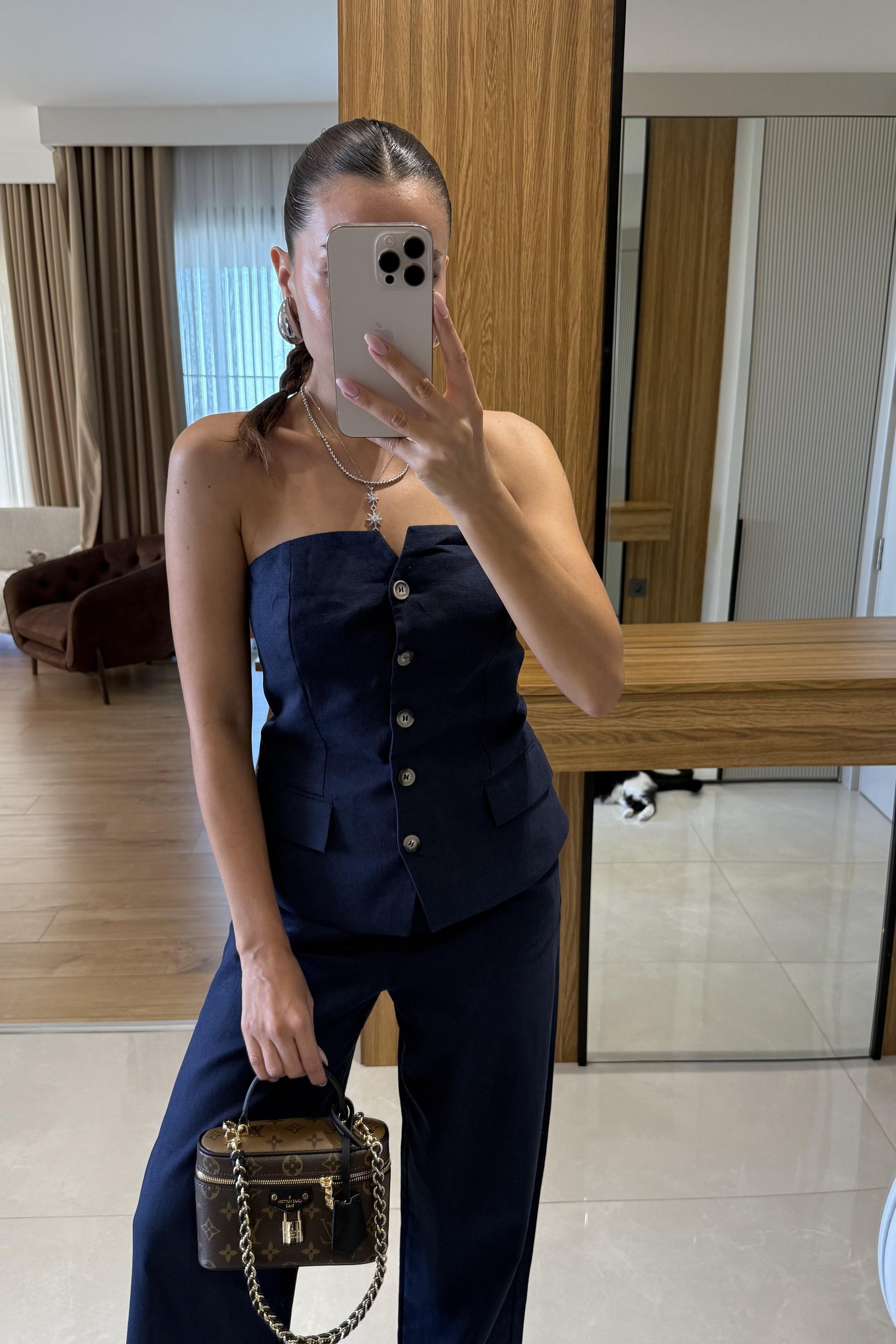 Rozina Lacivert Straplez Yelek Pantolon Takım