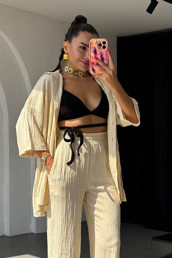 Ruas Kırinkıl Gömlek Pantolon Takım - Krem