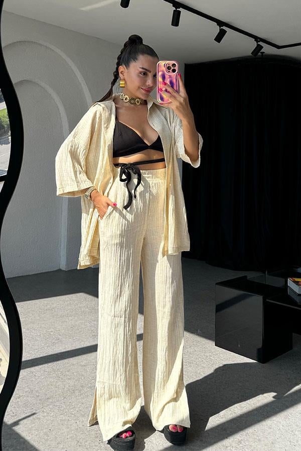 Ruas Kırinkıl Gömlek Pantolon Takım - Krem