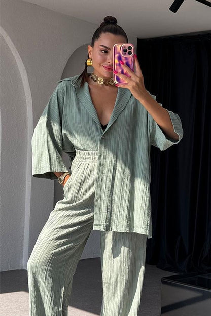 Ruas Kırinkıl Gömlek Pantolon Takım - Mint Yeşil