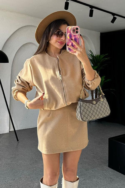 Ruby Bomber Ceket Etek Camel Kaşe Takım