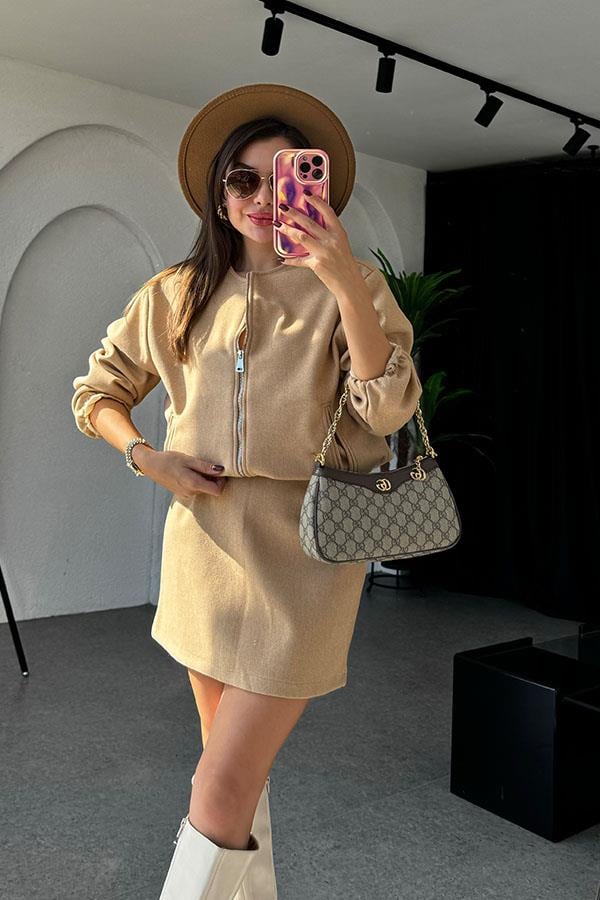 Ruby Bomber Ceket Etek Camel Kaşe Takım