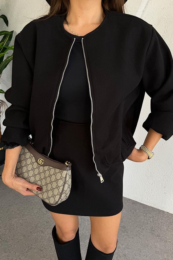Ruby Bomber Ceket Etek Siyah Kaşe Takım