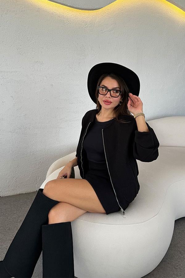 Ruby Bomber Ceket Etek Siyah Kaşe Takım