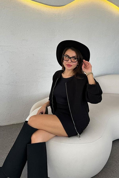 Ruby Bomber Ceket Etek Siyah Kaşe Takım