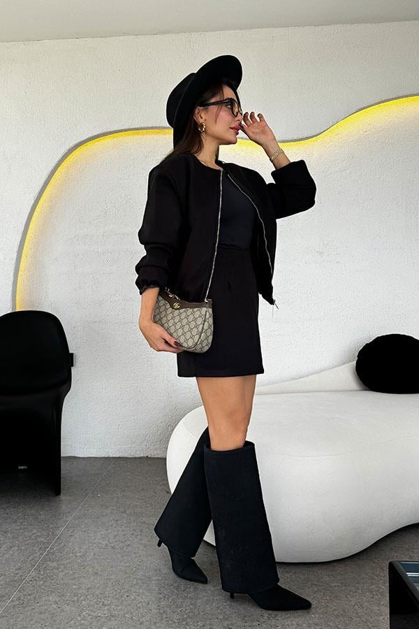 Ruby Bomber Ceket Etek Siyah Kaşe Takım
