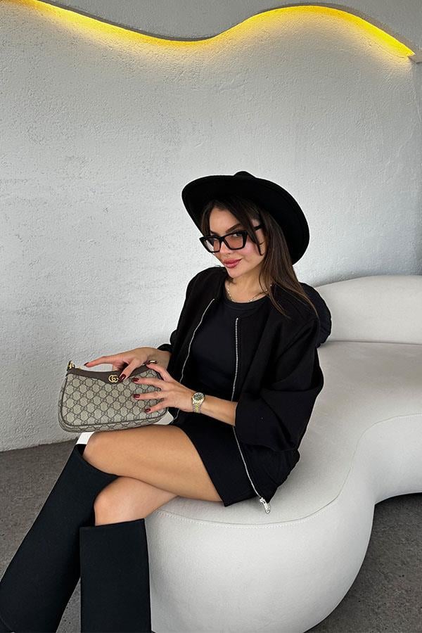 Ruby Bomber Ceket Etek Siyah Kaşe Takım