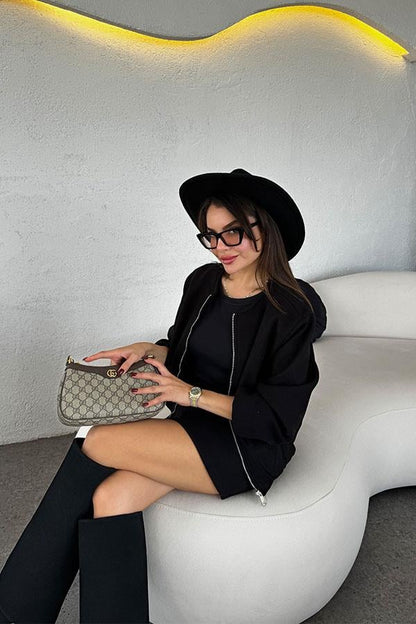 Ruby Bomber Ceket Etek Siyah Kaşe Takım