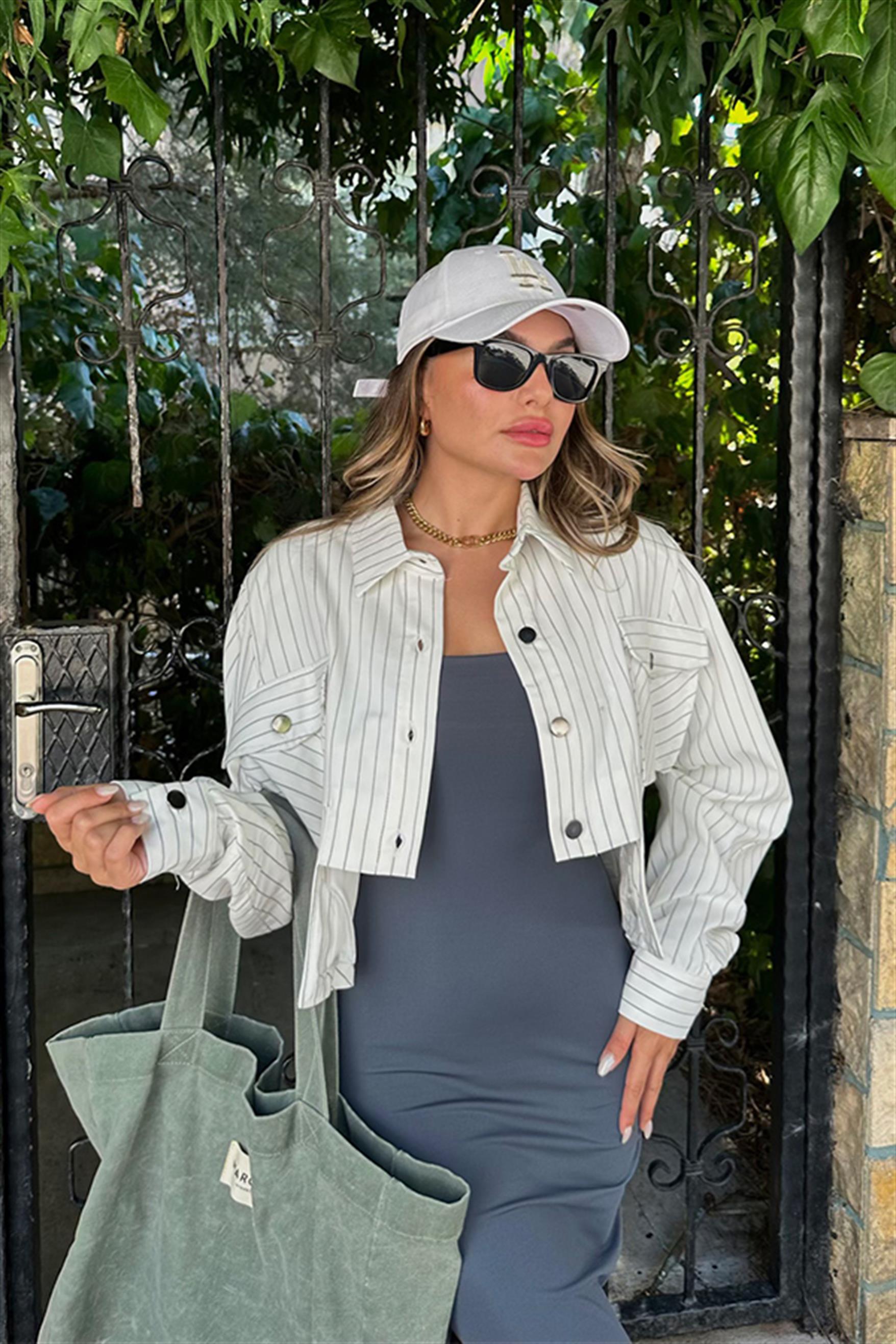 Rue vatkalı beyaz çizgili ceket