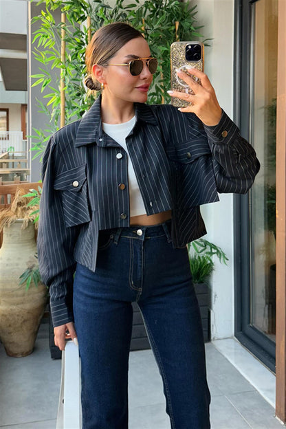 Rue vatkalı lacivert çizgili ceket