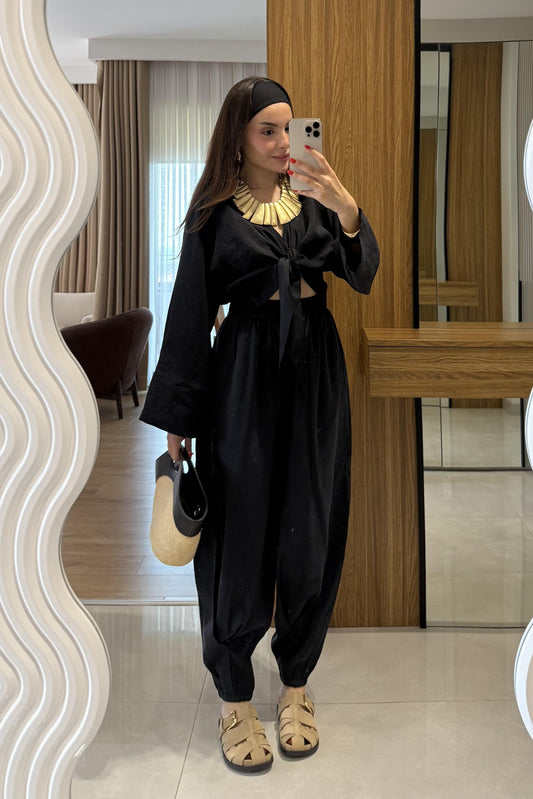 Ruffle Siyah Tensel Kemerli Takım