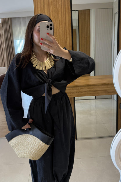 Ruffle Siyah Tensel Kemerli Takım