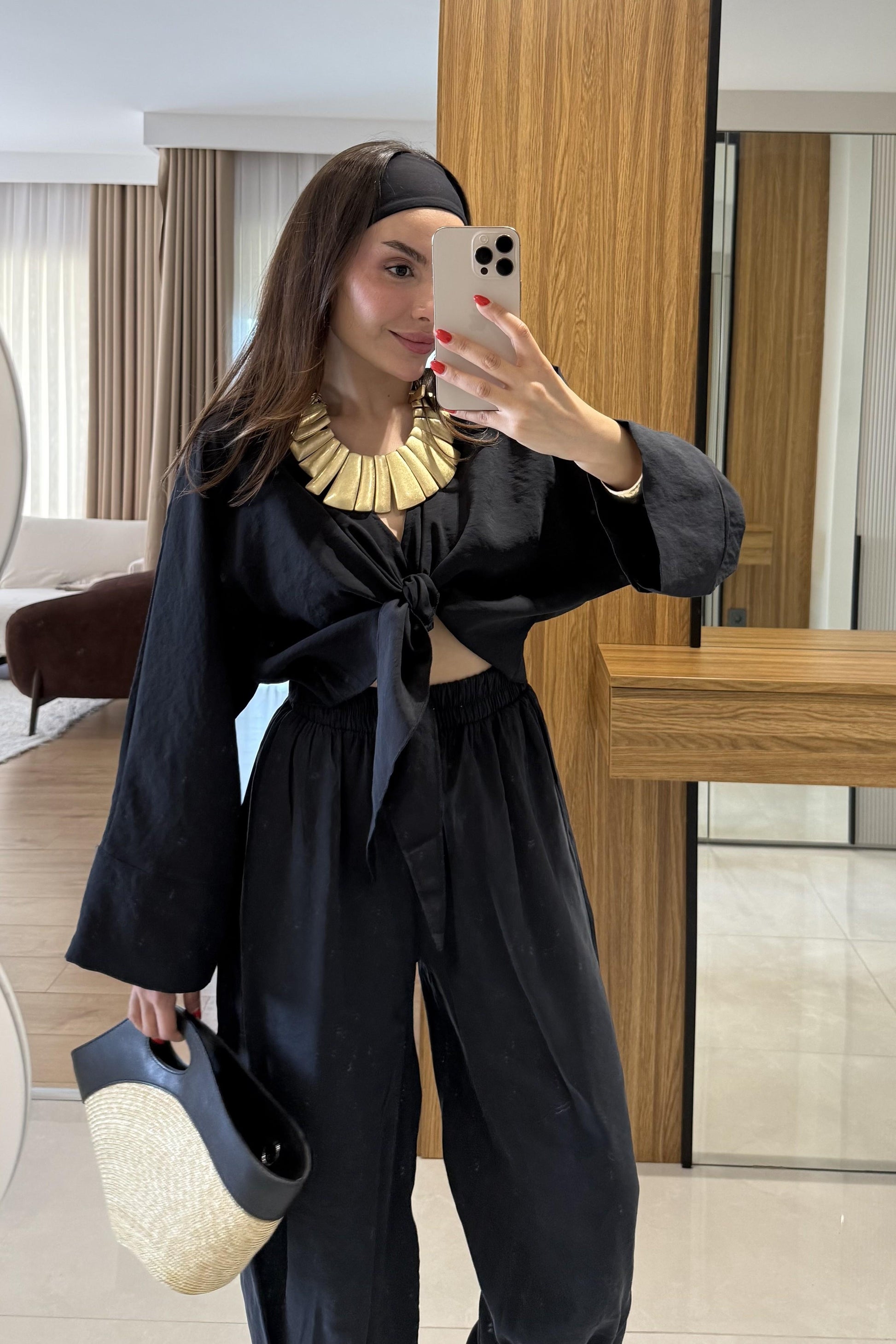 Ruffle Siyah Tensel Kemerli Takım