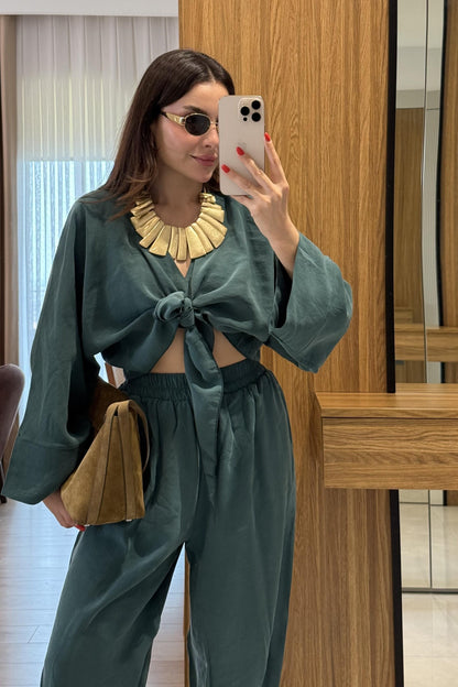 Ruffle Zümrüt Tensel Kemerli Takım