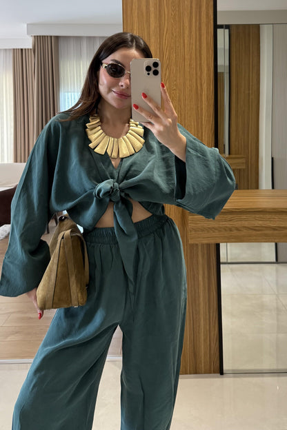 Ruffle Zümrüt Tensel Kemerli Takım