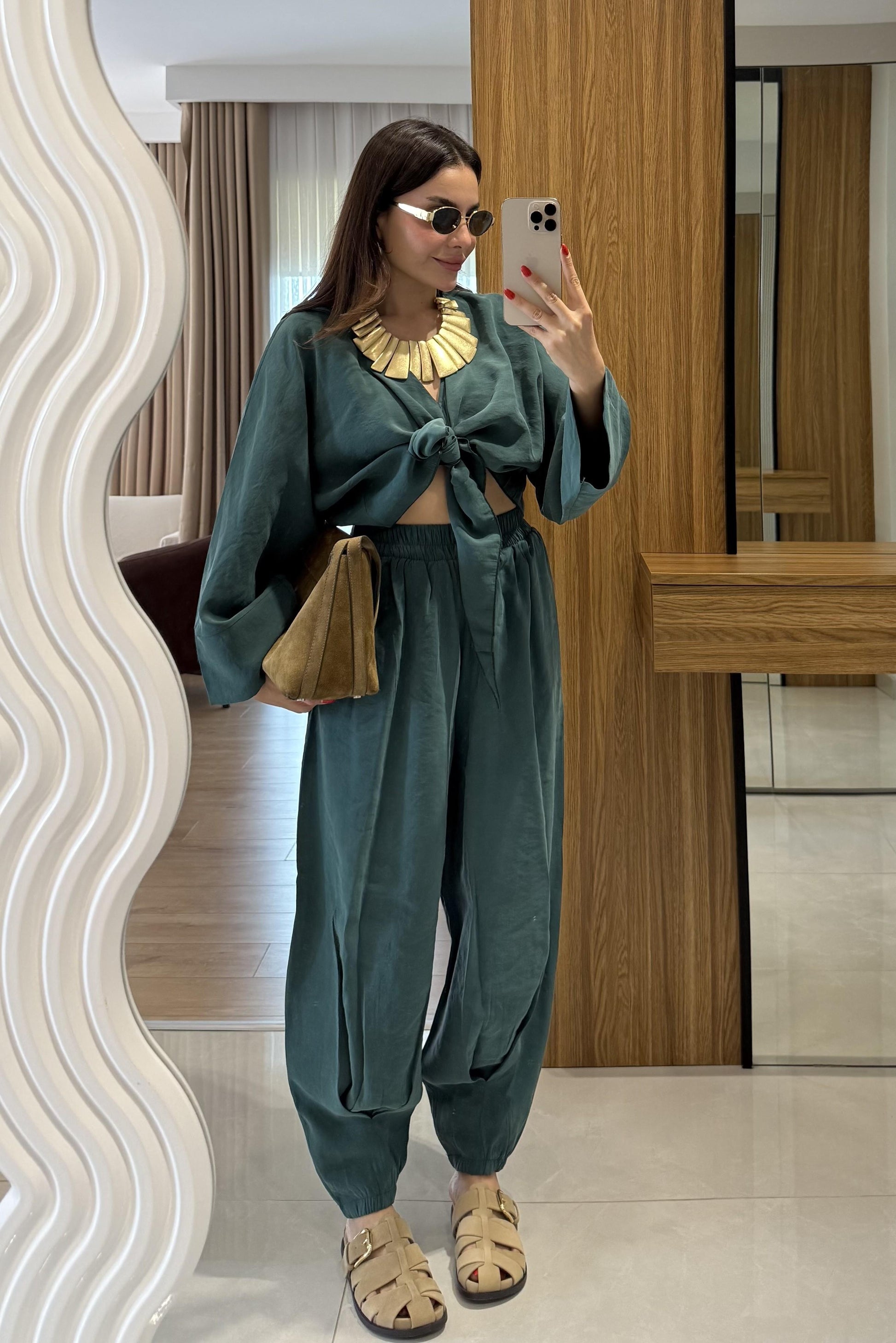 Ruffle Zümrüt Tensel Kemerli Takım