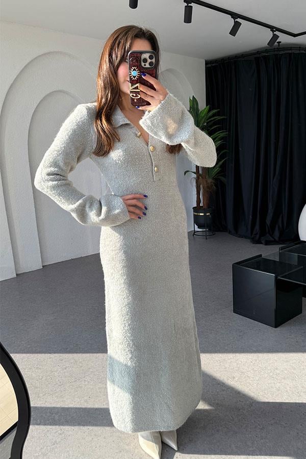 Rugen Yumoş Dokulu Gri Elbise