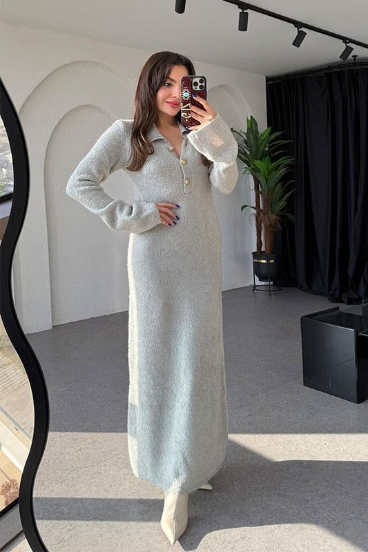 Rugen Yumoş Dokulu Gri Elbise