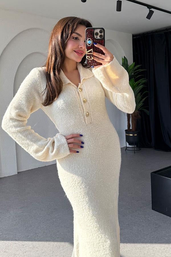 Rugen Yumoş Dokulu Krem Elbise