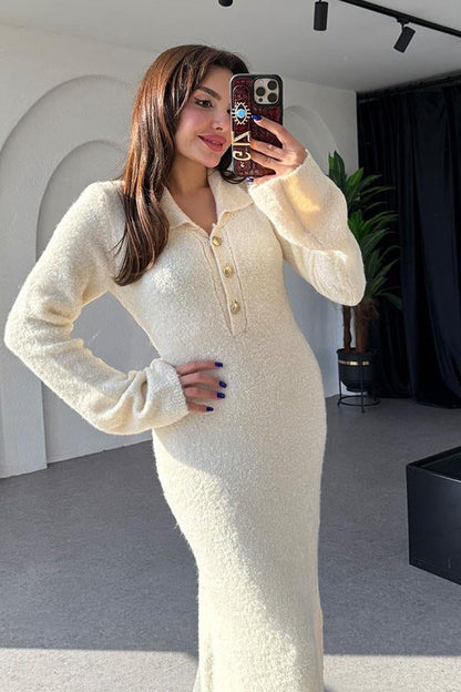 Rugen Yumoş Dokulu Krem Elbise