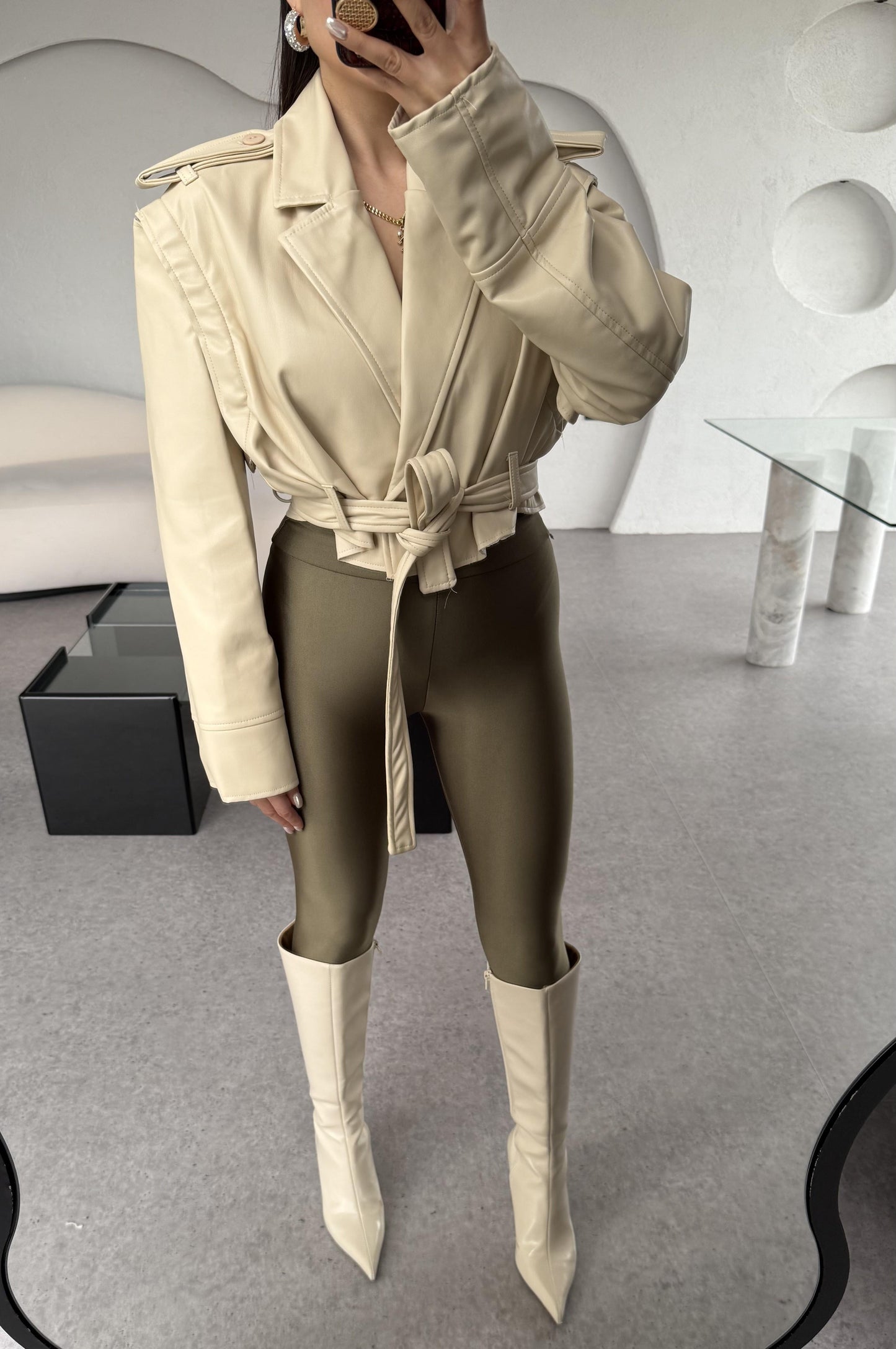 Ruling Kolları Çıkarmalı Krem Deri Ceket