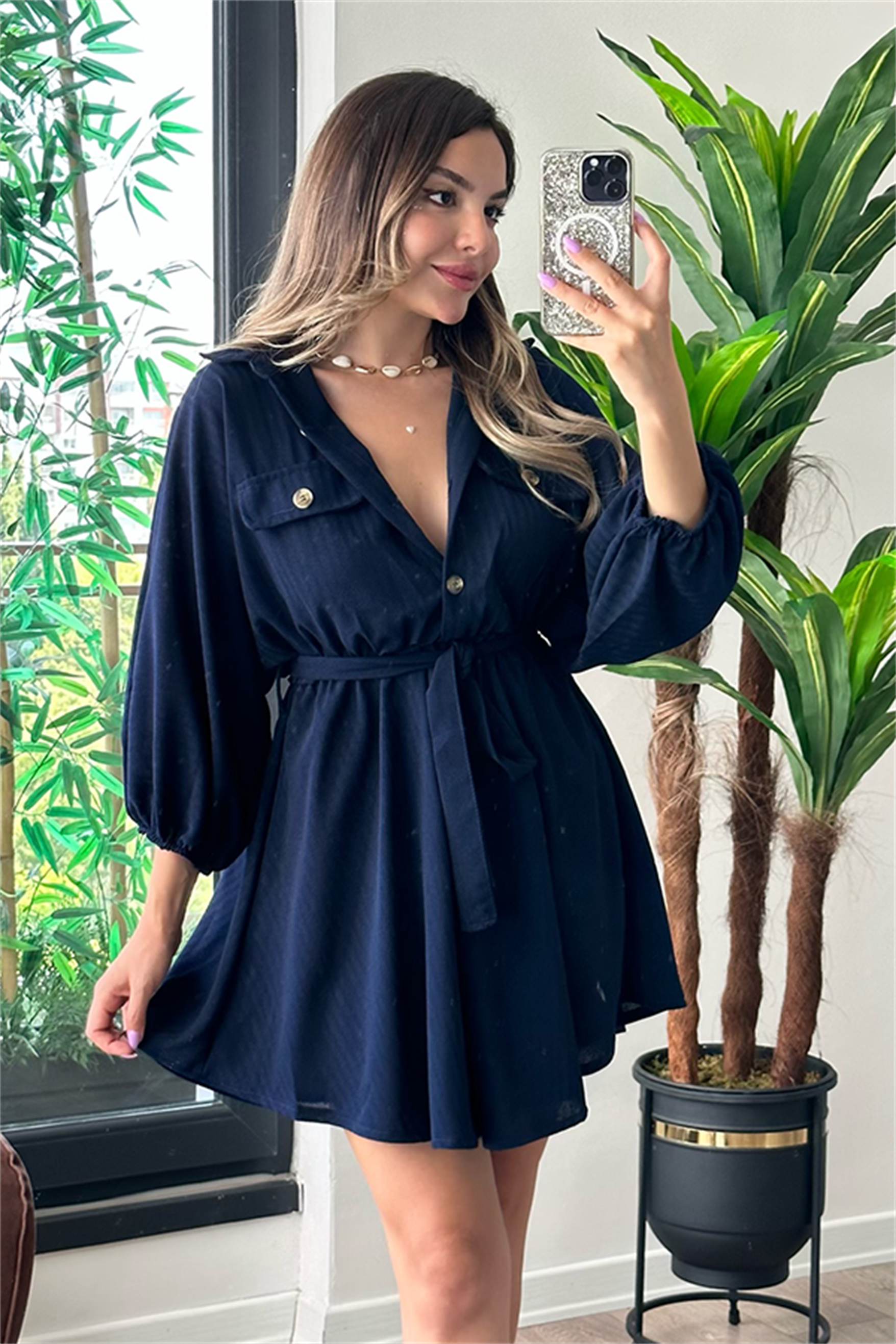 Rumana balon kollu kruvaze lacivert elbise