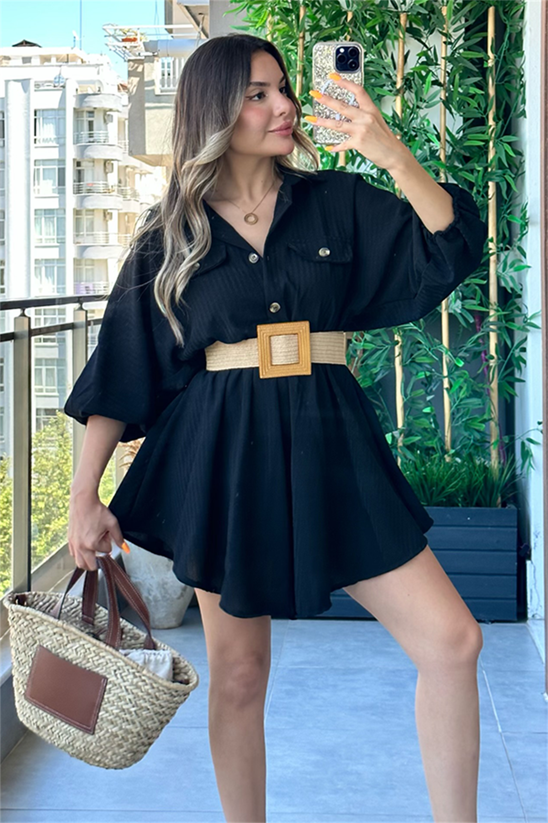 Rumana balon kollu kruvaze siyah elbise