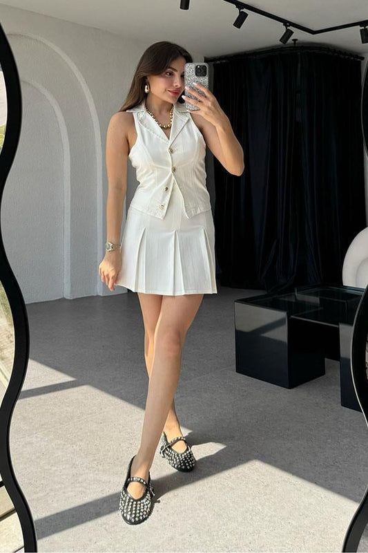 Rusian Gold Düğmeli Denim Yelek Etek Takım-Beyaz