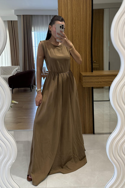 Russia Kahve Yan Dekolteli Keten Elbise