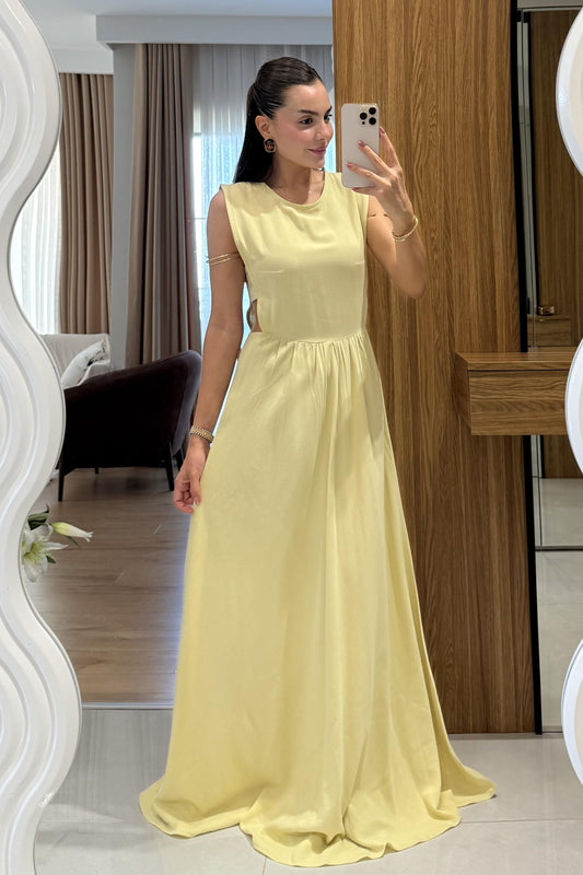 Russia Sarı Yan Dekolteli Keten Elbise