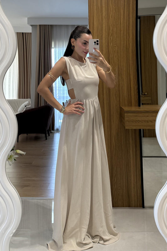 Russia Taş Yan Dekolteli Keten Elbise