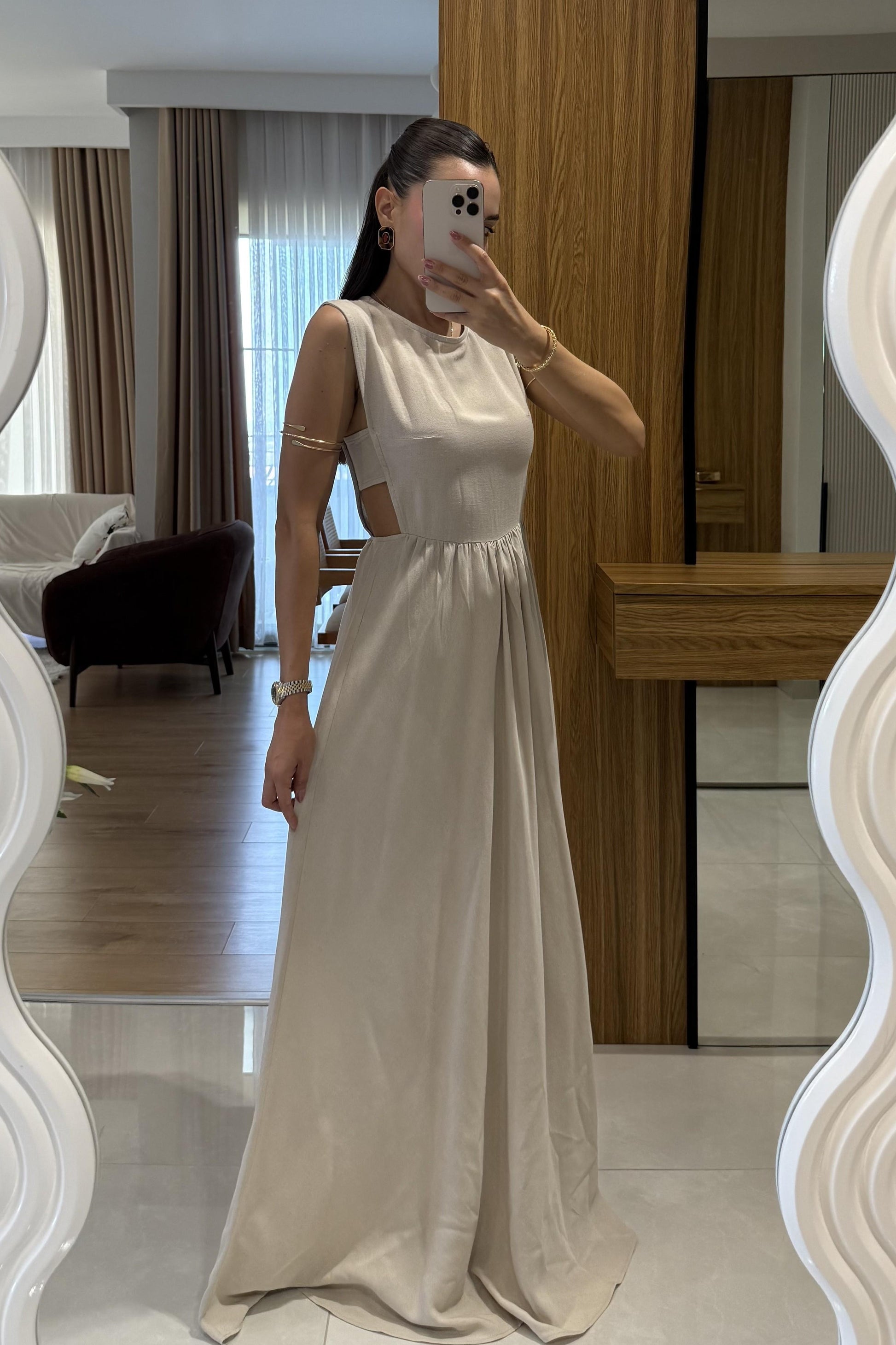 Russia Taş Yan Dekolteli Keten Elbise