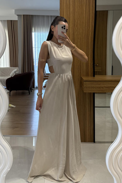 Russia Taş Yan Dekolteli Keten Elbise