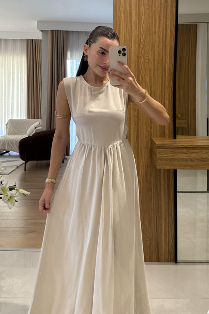 Russia Taş Yan Dekolteli Keten Elbise