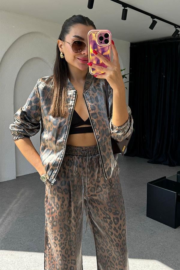 Russie Parlak Bomber Leopar Ceket
