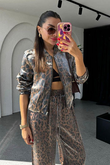 Russie Parlak Bomber Leopar Ceket