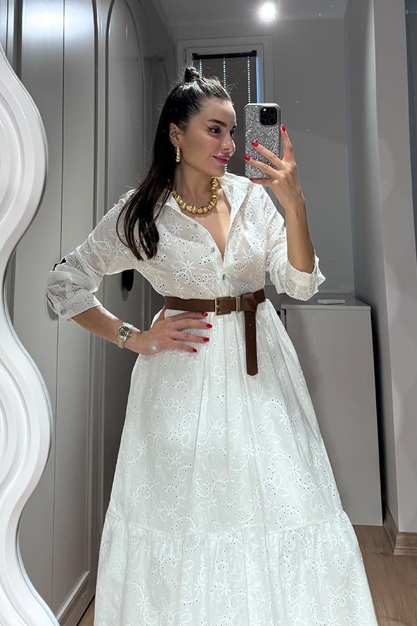 Ryna Yakalı Fisto Elbise - Beyaz