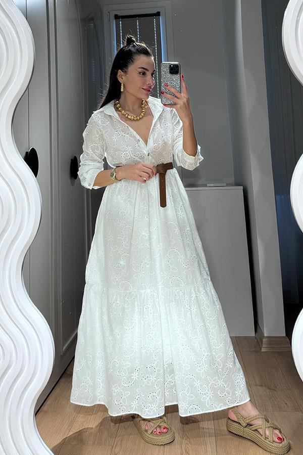 Ryna Yakalı Fisto Elbise - Beyaz