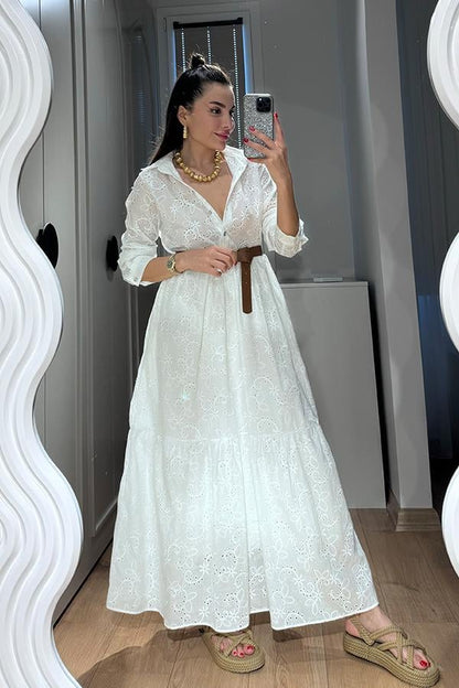 Ryna Yakalı Fisto Elbise - Beyaz