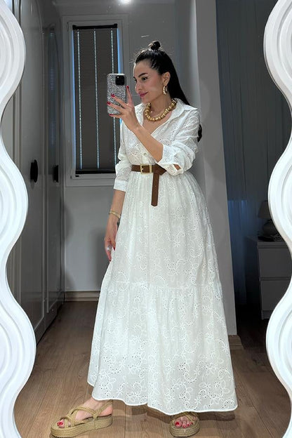 Ryna Yakalı Fisto Elbise - Beyaz