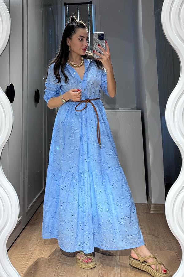 Ryna Yakalı Fisto Elbise - Mavi