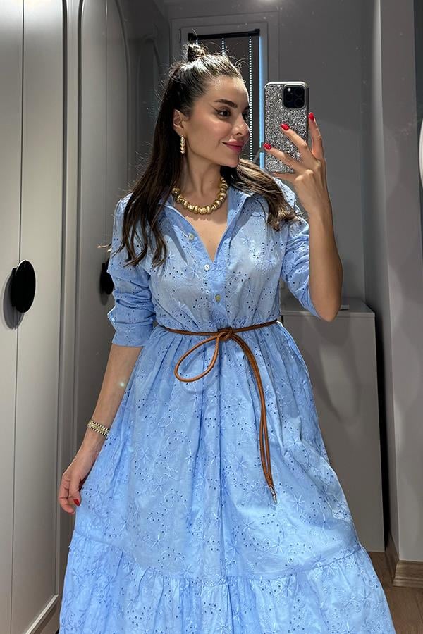 Ryna Yakalı Fisto Elbise - Mavi