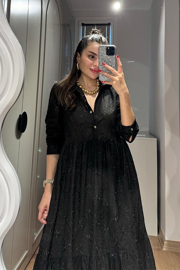 Ryna Yakalı Fisto Elbise - Siyah