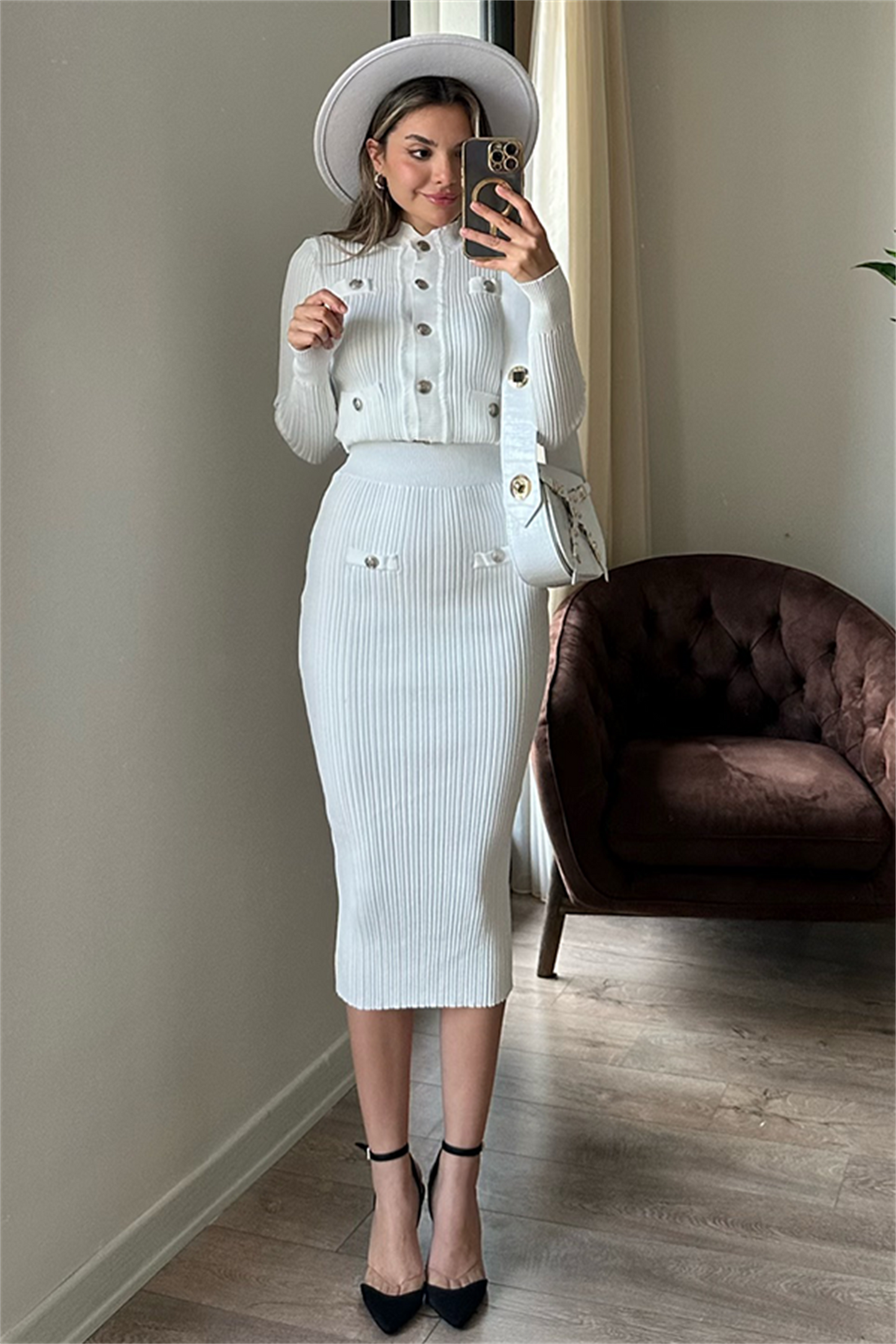 Sadie beyaz düğmeli triko takım