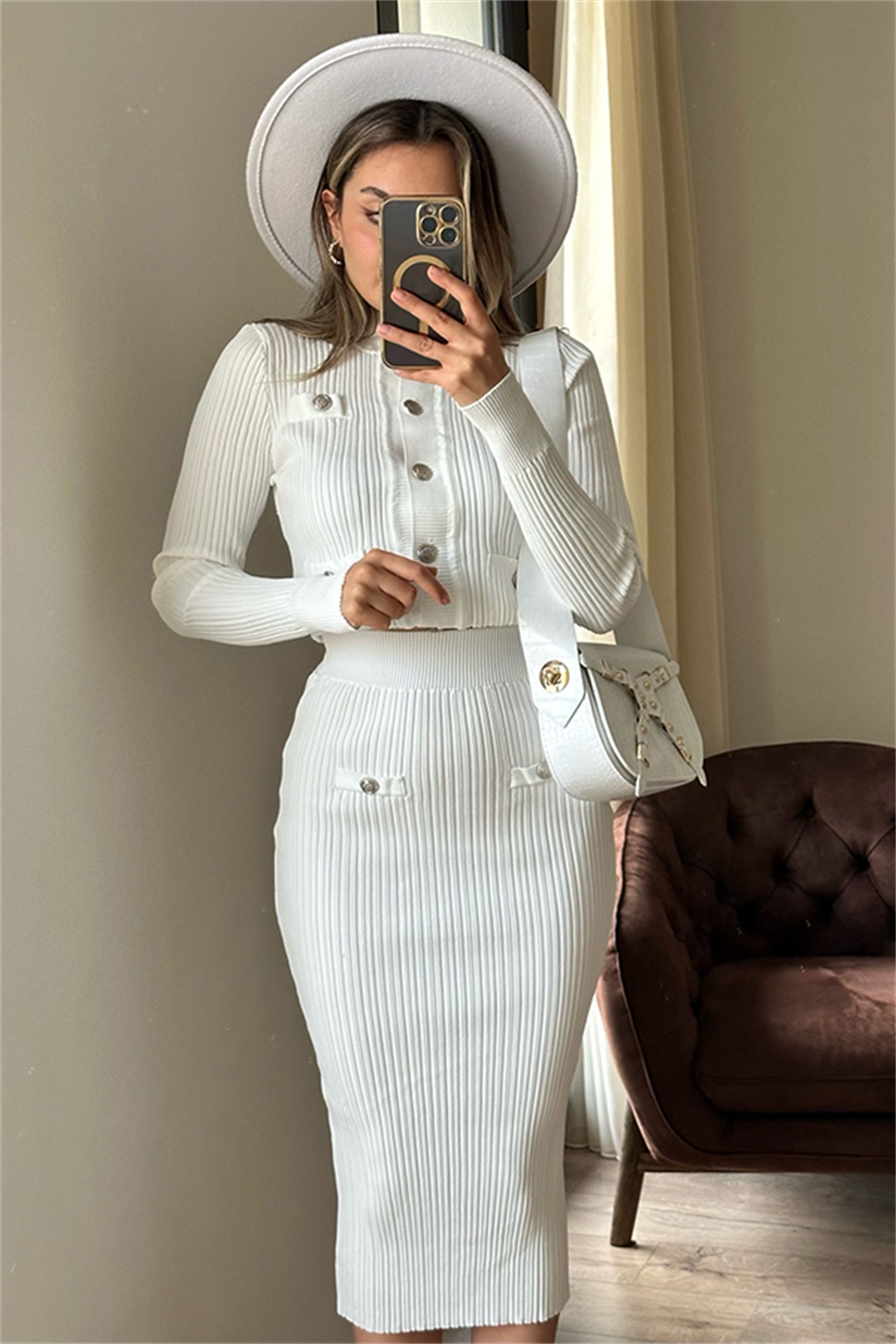 Sadie beyaz düğmeli triko takım