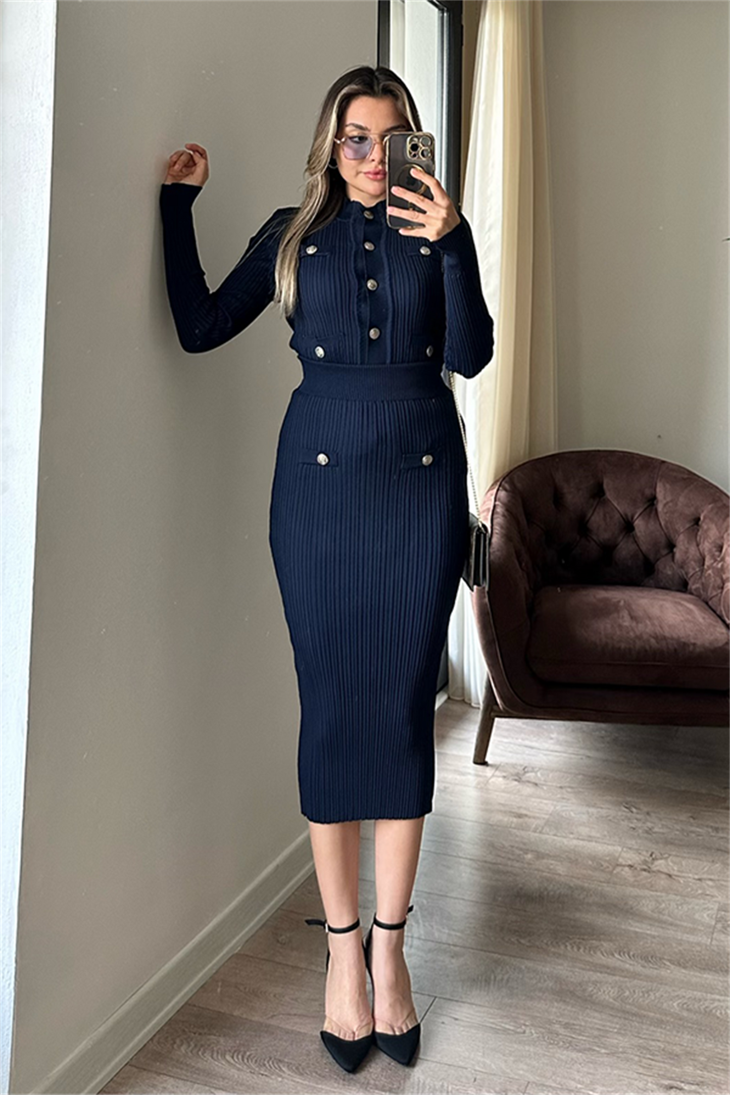 Sadie lacivert düğmeli triko takım