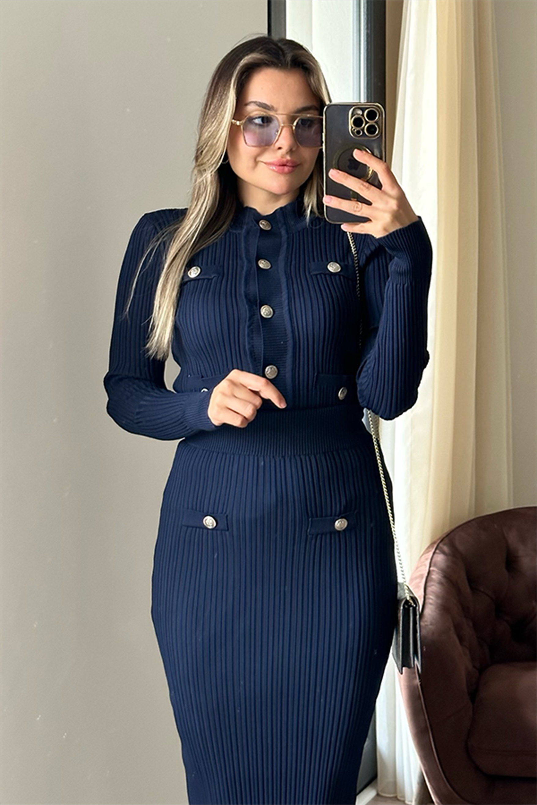 Sadie lacivert düğmeli triko takım