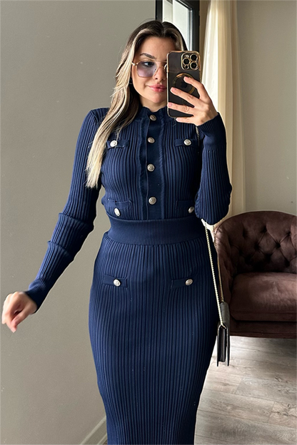 Sadie lacivert düğmeli triko takım