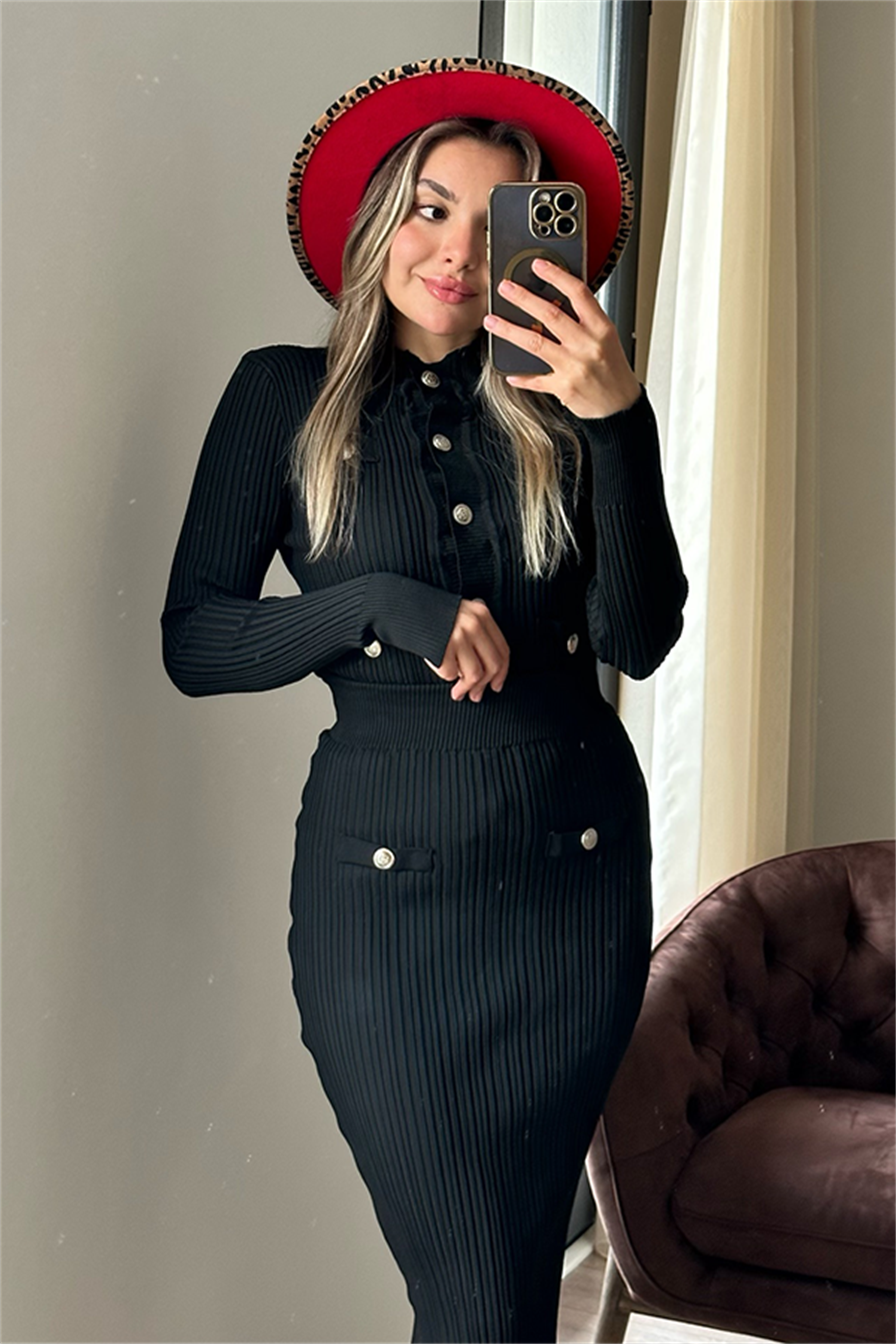 Sadie siyah düğmeli triko takım