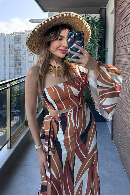 Salvio Tek Kol Renkli Saten Elbise - Kiremit